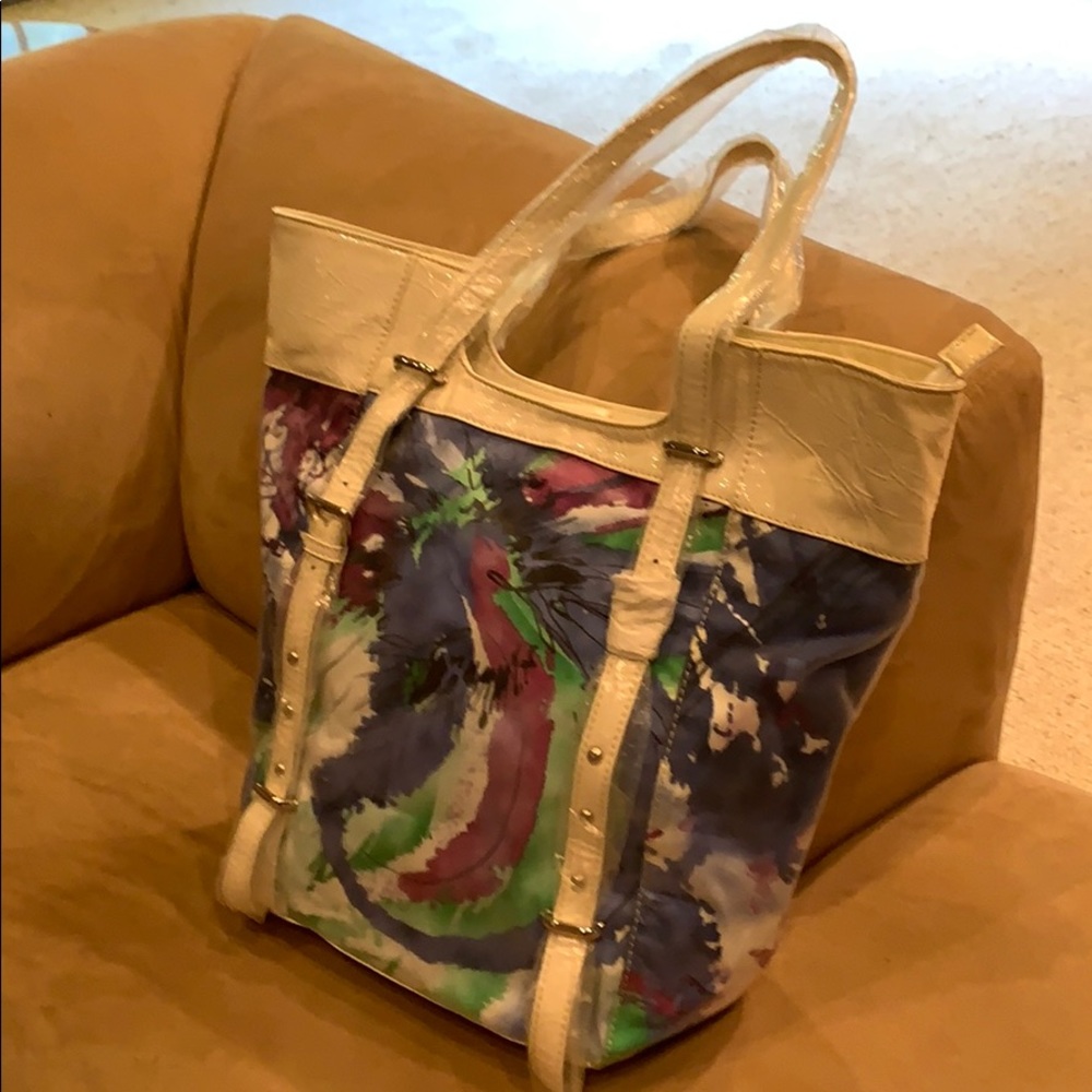 Edith blue/pink/green bag w white patent trim New